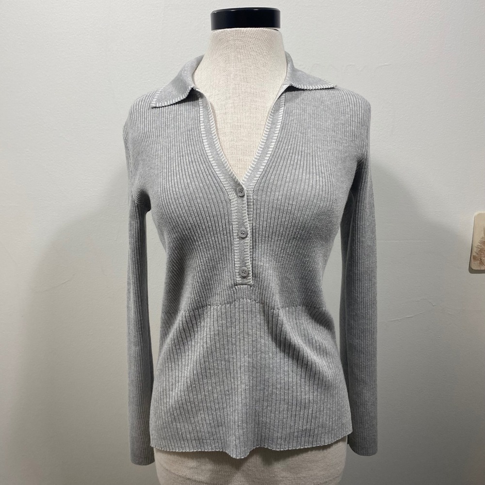 Verve Ami Gray Ribbed Knit Long Sleeve Polo Sweater Top Small